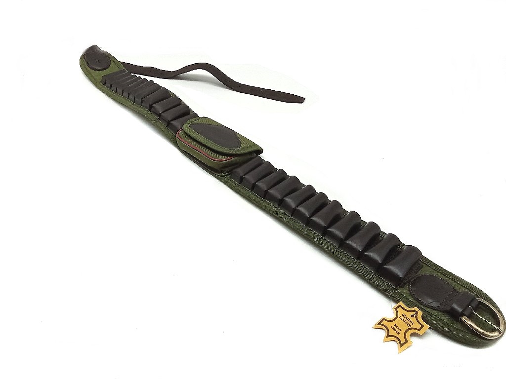 Cartuccera calibro 12 in cuoio e cordura con borsetta