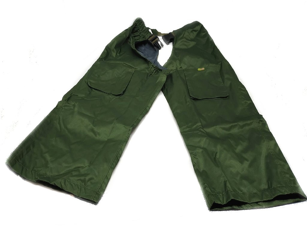 Cosciali gambali aperti davanti in nylon impermeabile con cintura elastica regolabile e tasche