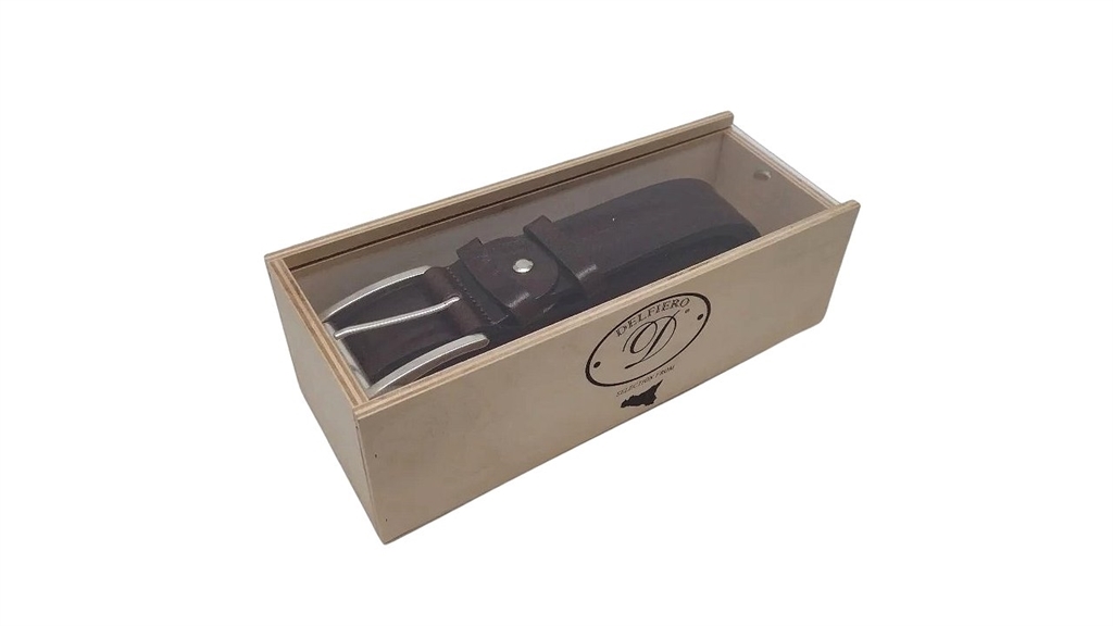 Box Delfiero wooden display case with Vintage Italian Belt in Extra Dark Brown Leather 40 mm nikel free